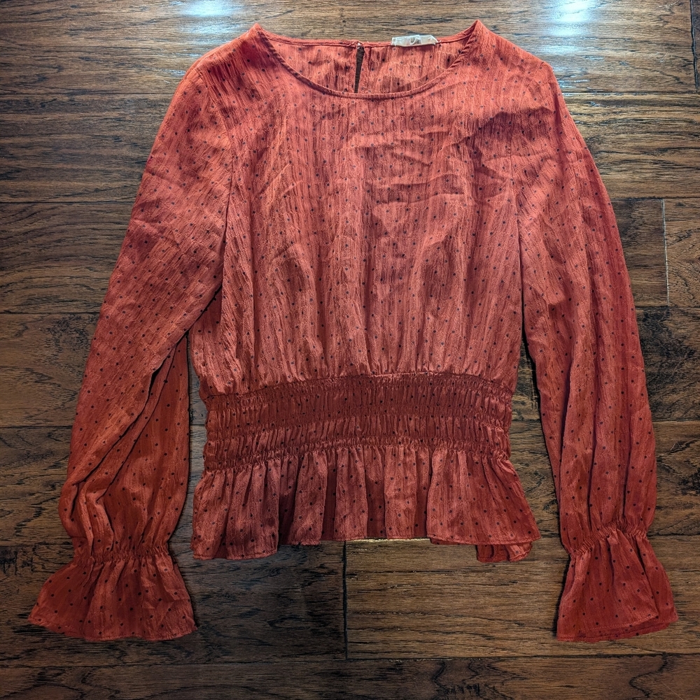 Le Lis Smocked Long Sleeve Slightly Sheer Blouse